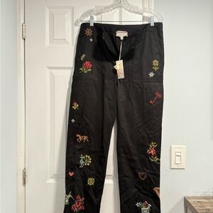 Johnny Was Black Straight Leg Pants with Vibrant Embroidery